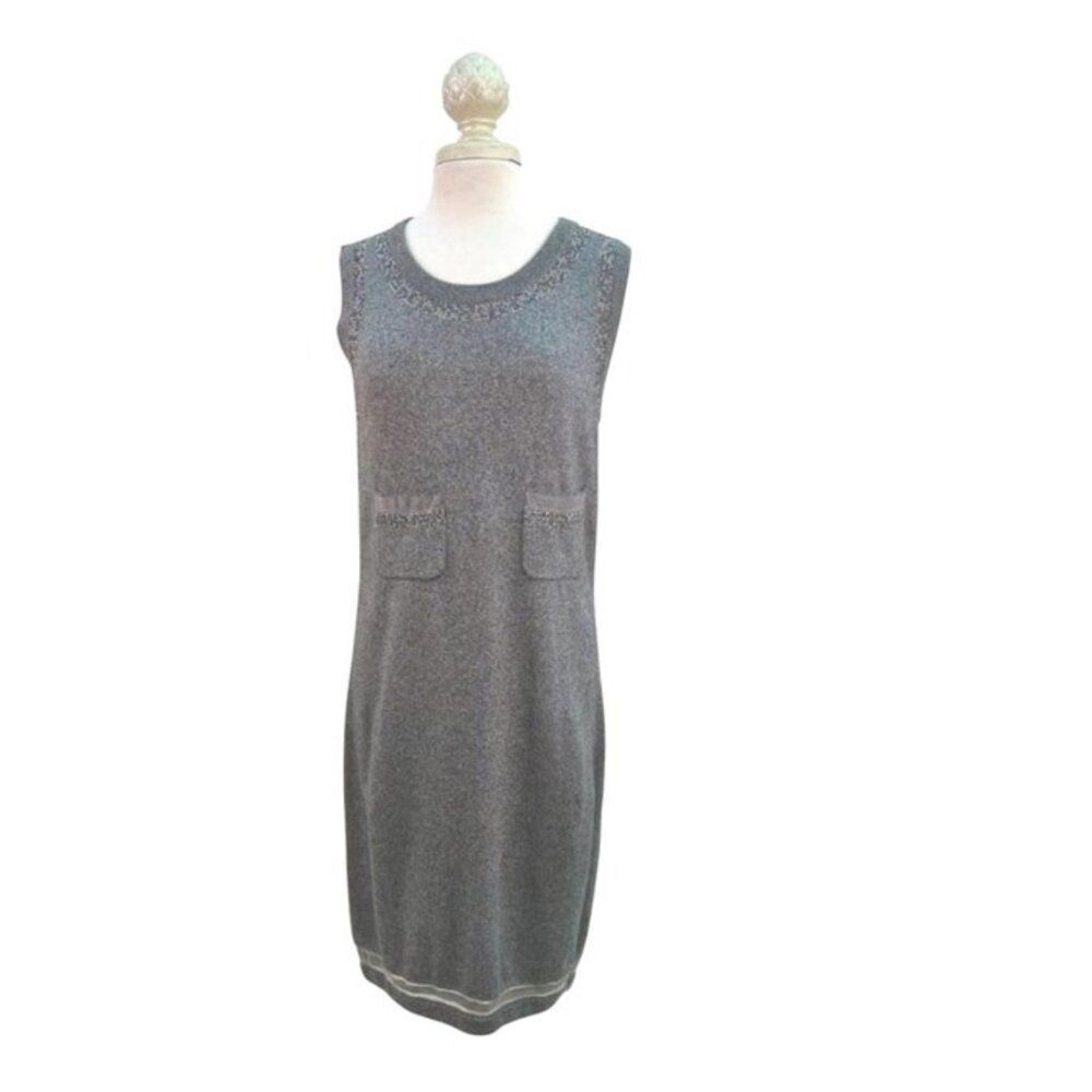 CHANEL Sleeveless Bead Accent Slip on Dress in Gray with Pearl Beading